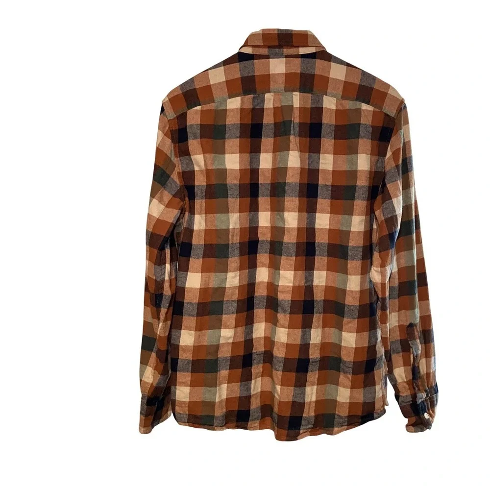 J. Crew Mens Large Flannel Button Down Shirt Brown Green Plaid  Long Sleeve
